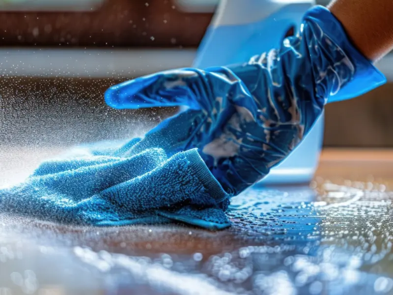 Hand met blauwe handschoen reinigt een oppervlak