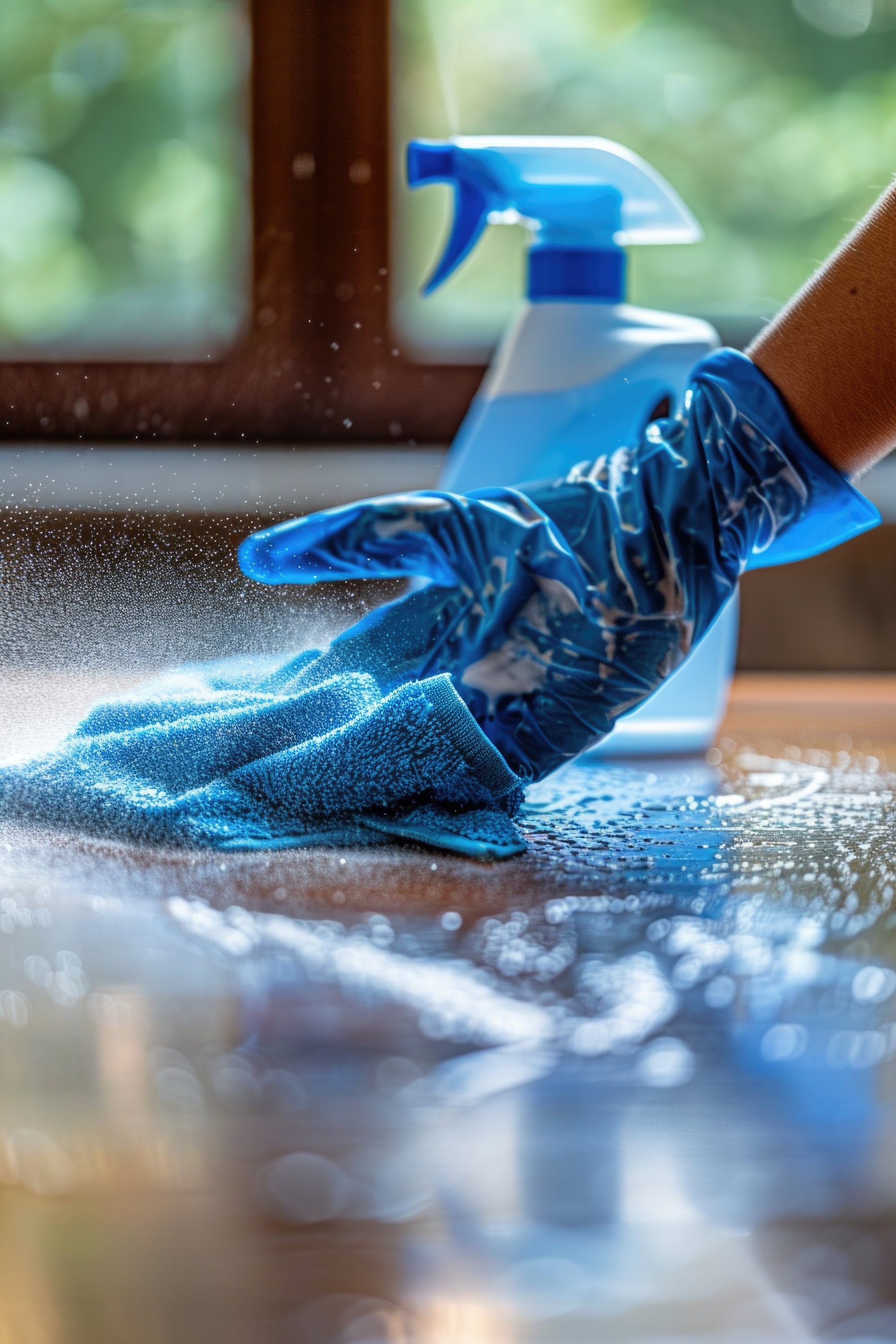 Hand met blauwe handschoen reinigt een oppervlak