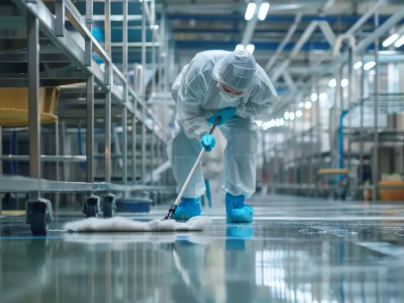 Medewerker in beschermende kleding reinigt een productiehal