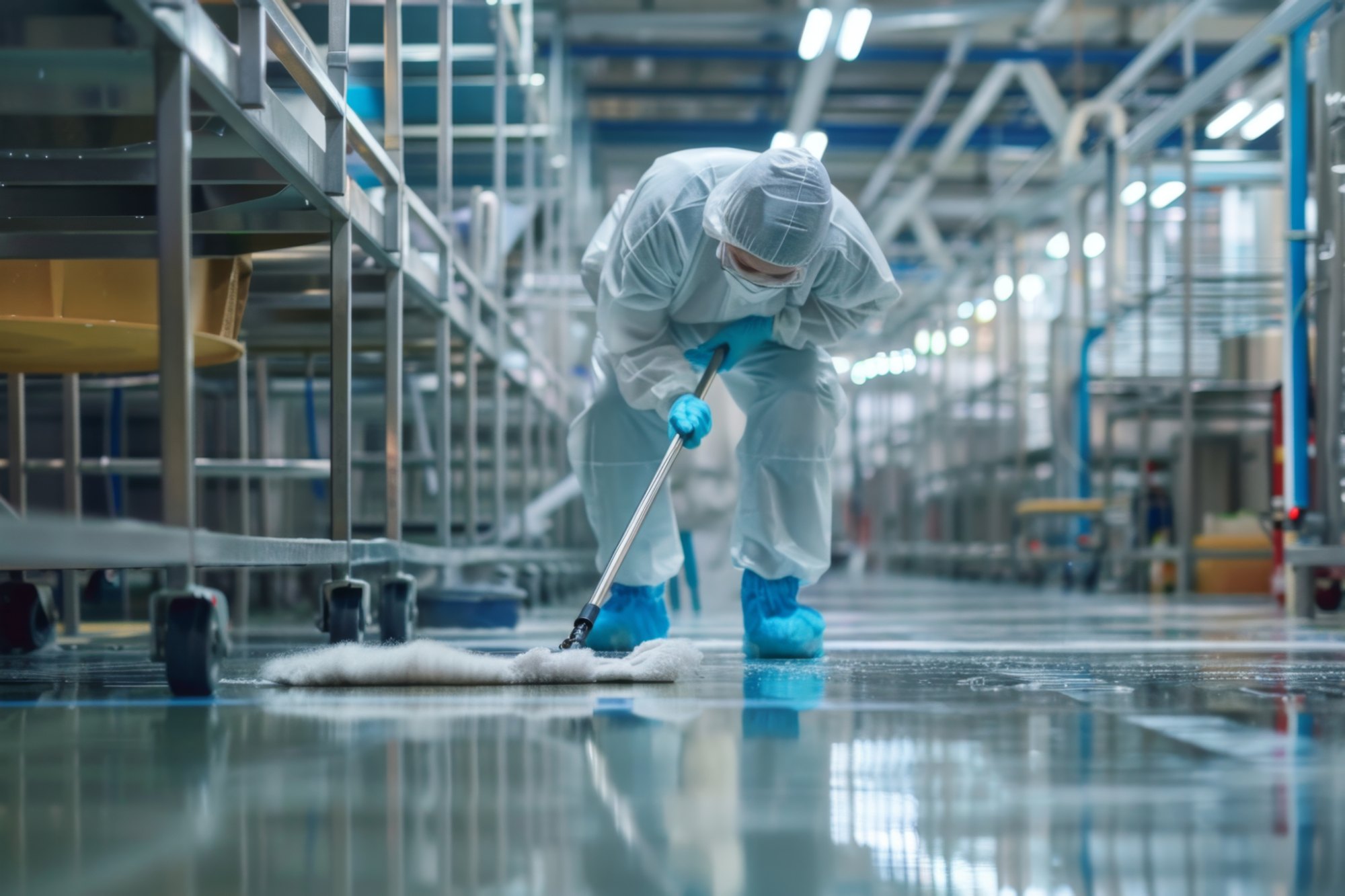 Medewerker in beschermende kleding reinigt een productiehal