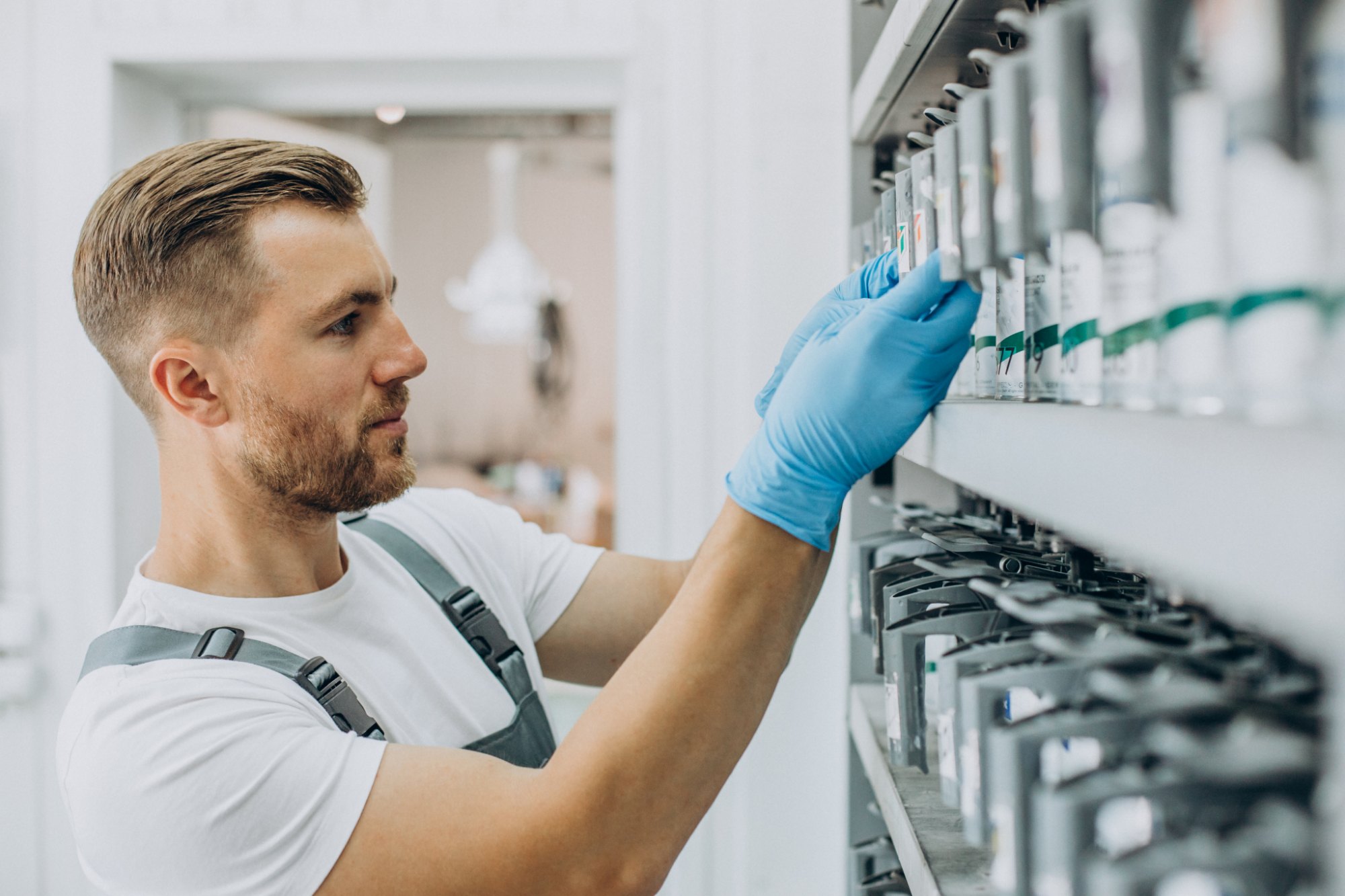 Medewerker met handschoenen pakt producten uit een stelling