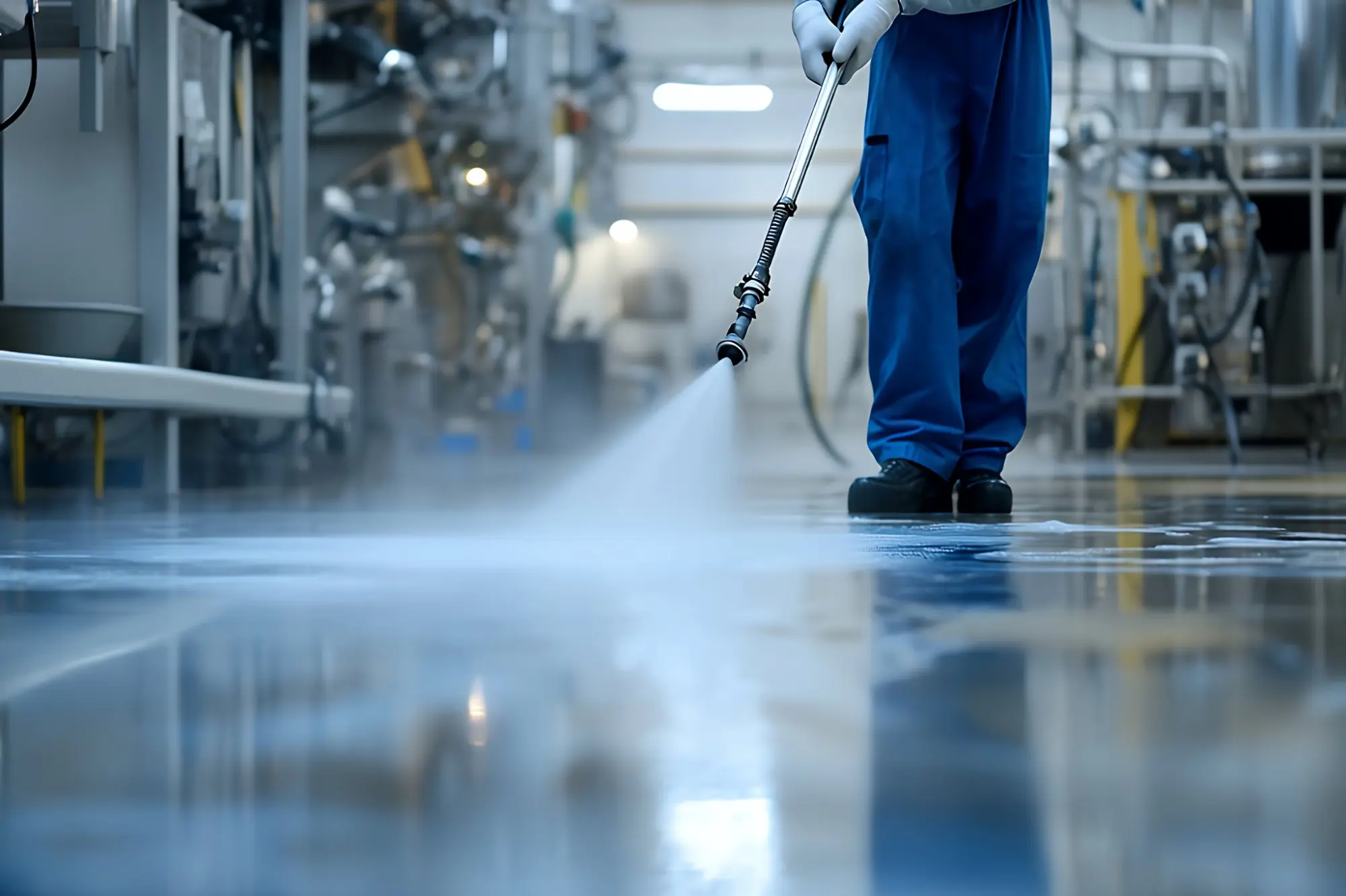Medewerker reinigt een productievloer met een hogedrukspuit
