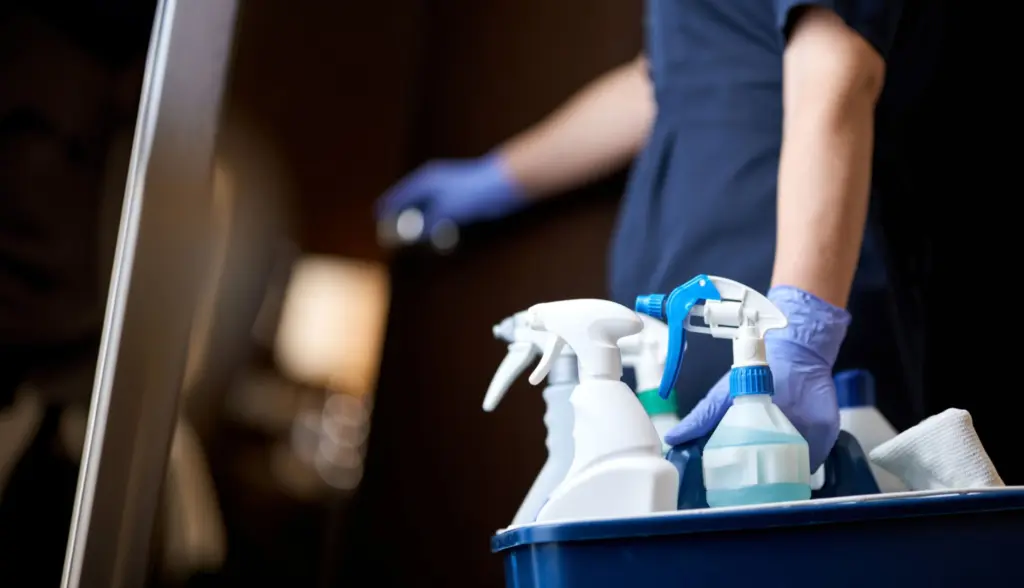 Medewerker met sprayflessen op een schoonmaakkar